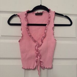 Pink Ribbed Crop Top with Ruffle Trim